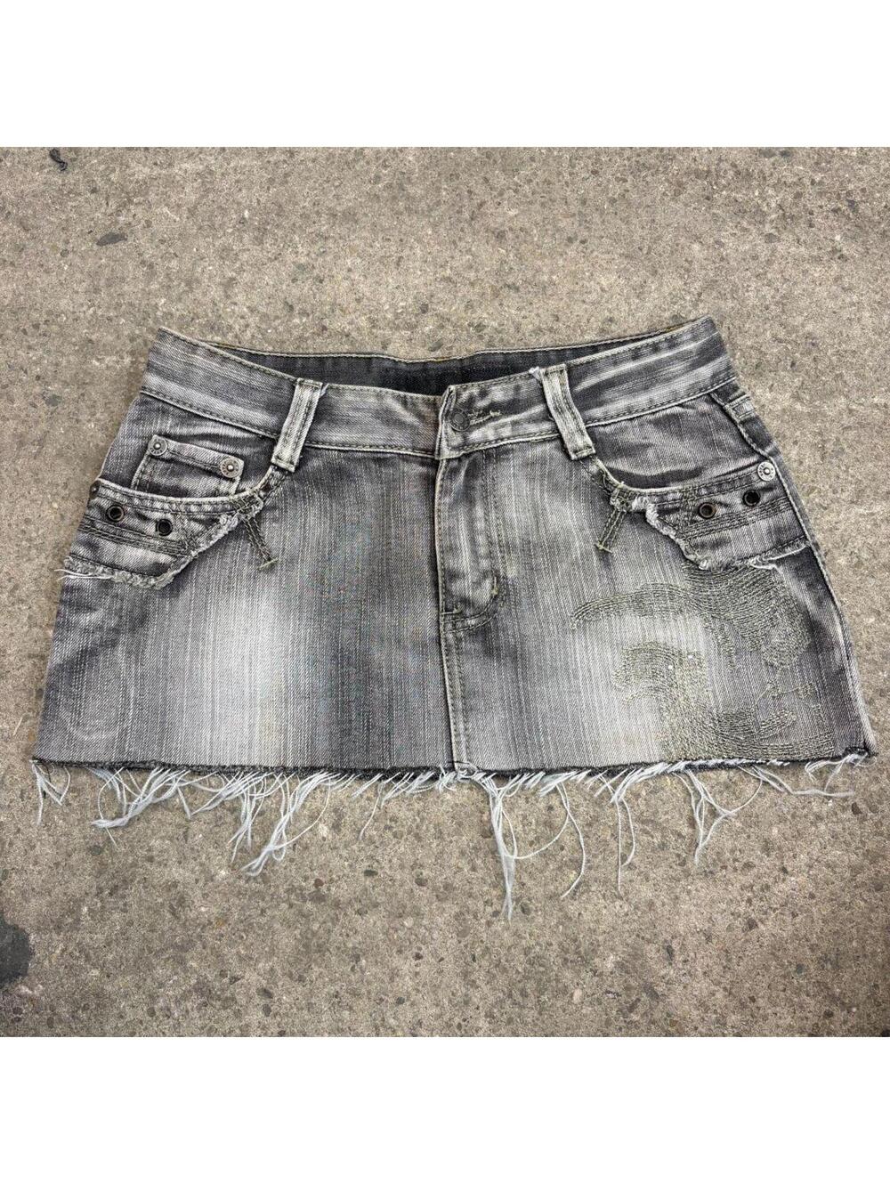 Vintage Y2K Denim Micro Mini Skirt Low Rise Gray Faded Embroidered